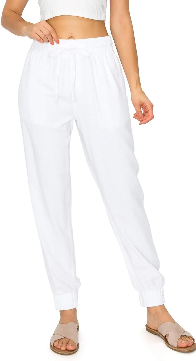 Cali1850 Women's Linen Joggers Pants - Oceanside Drawstring Elastic Waist Casual Lounge Tapered Leg Trousers with Pockets