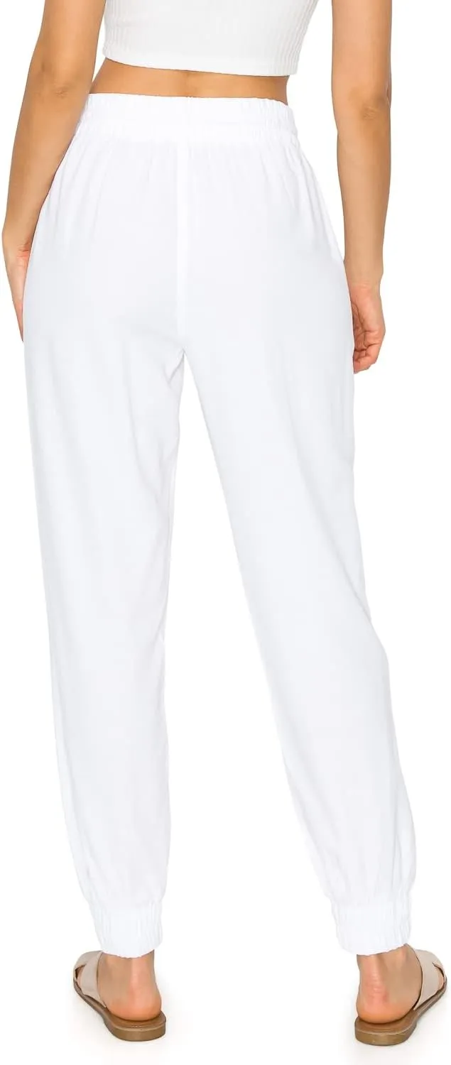 Cali1850 Women's Linen Joggers Pants - Oceanside Drawstring Elastic Waist Casual Lounge Tapered Leg Trousers with Pockets