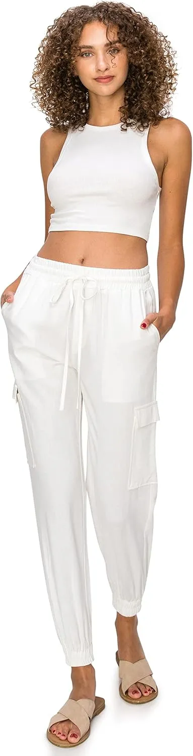 Cali1850 Women's Linen Joggers Pants - Oceanside Drawstring Elastic Waist Casual Lounge Tapered Leg Trousers with Pockets