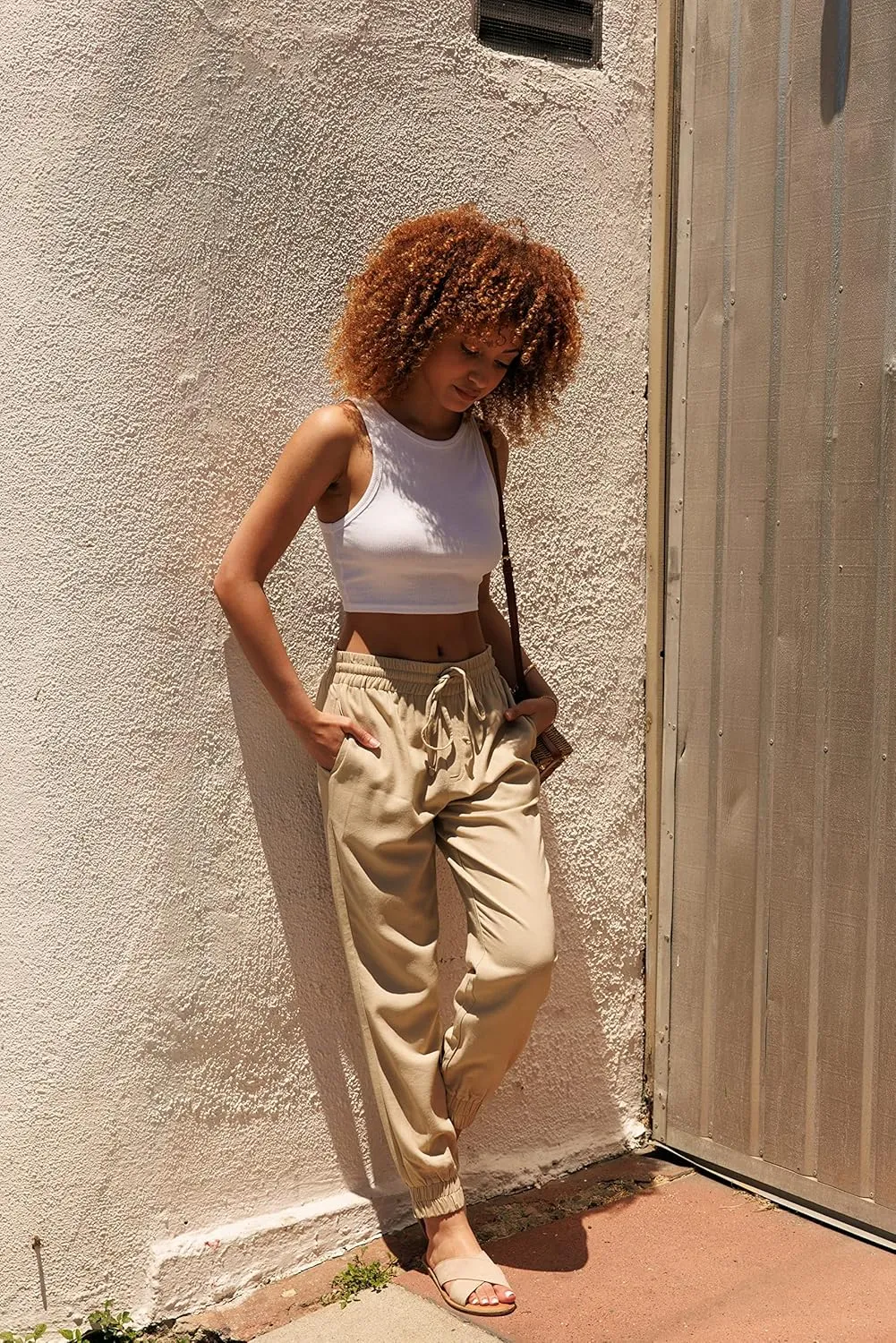Cali1850 Women's Linen Joggers Pants - Oceanside Drawstring Elastic Waist Casual Lounge Tapered Leg Trousers with Pockets