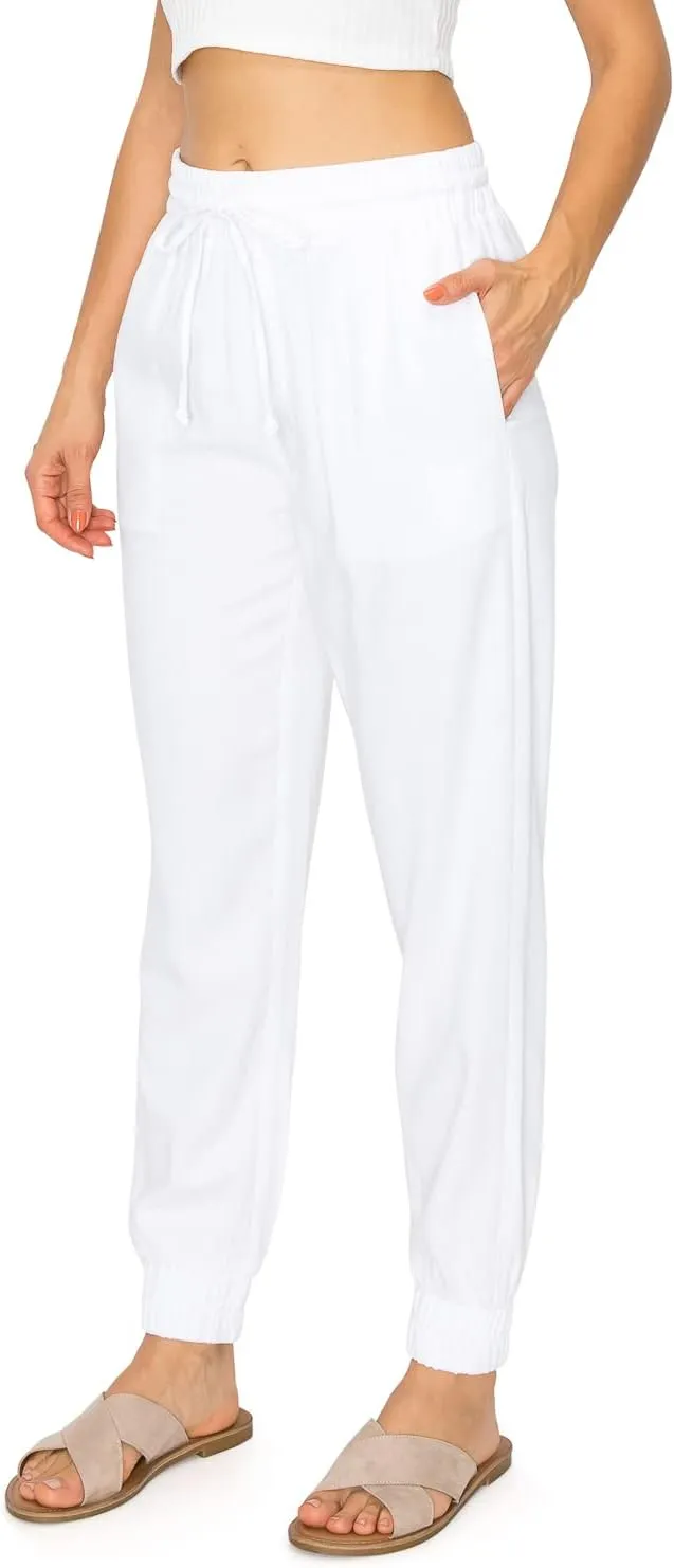 Cali1850 Women's Linen Joggers Pants - Oceanside Drawstring Elastic Waist Casual Lounge Tapered Leg Trousers with Pockets