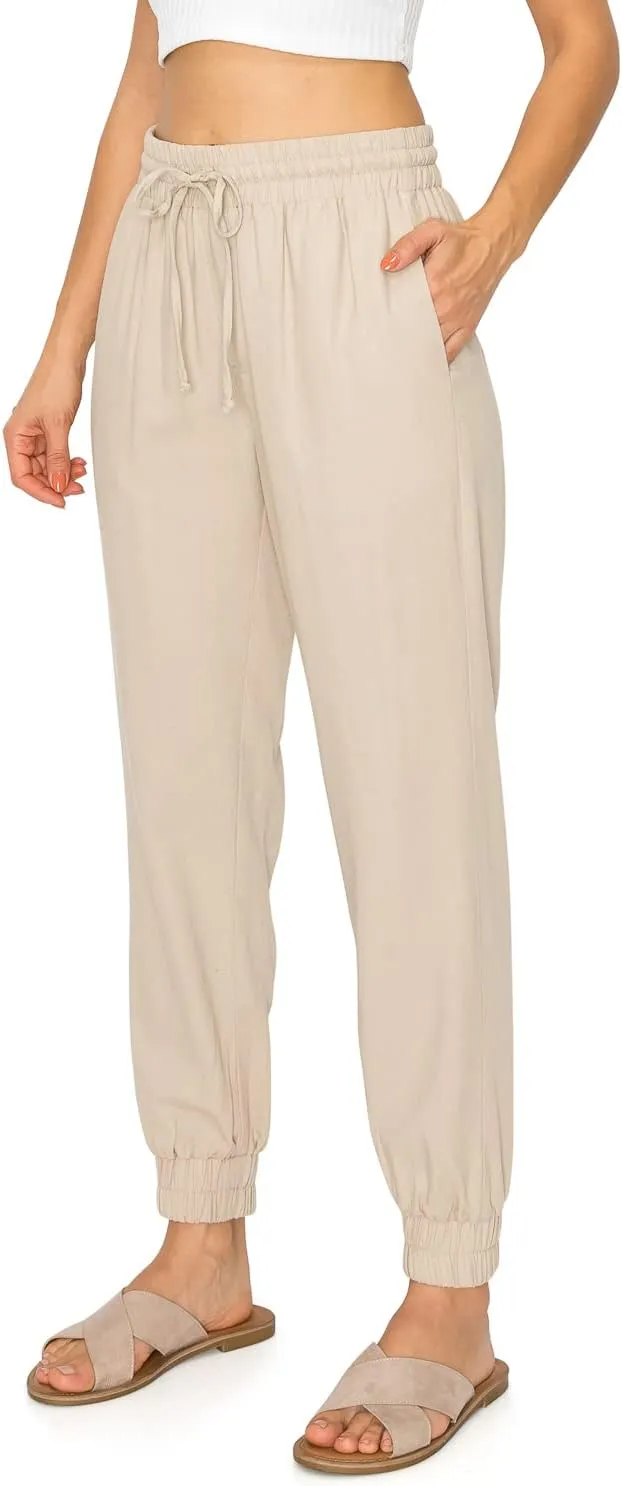 Cali1850 Women's Linen Joggers Pants - Oceanside Drawstring Elastic Waist Casual Lounge Tapered Leg Trousers with Pockets