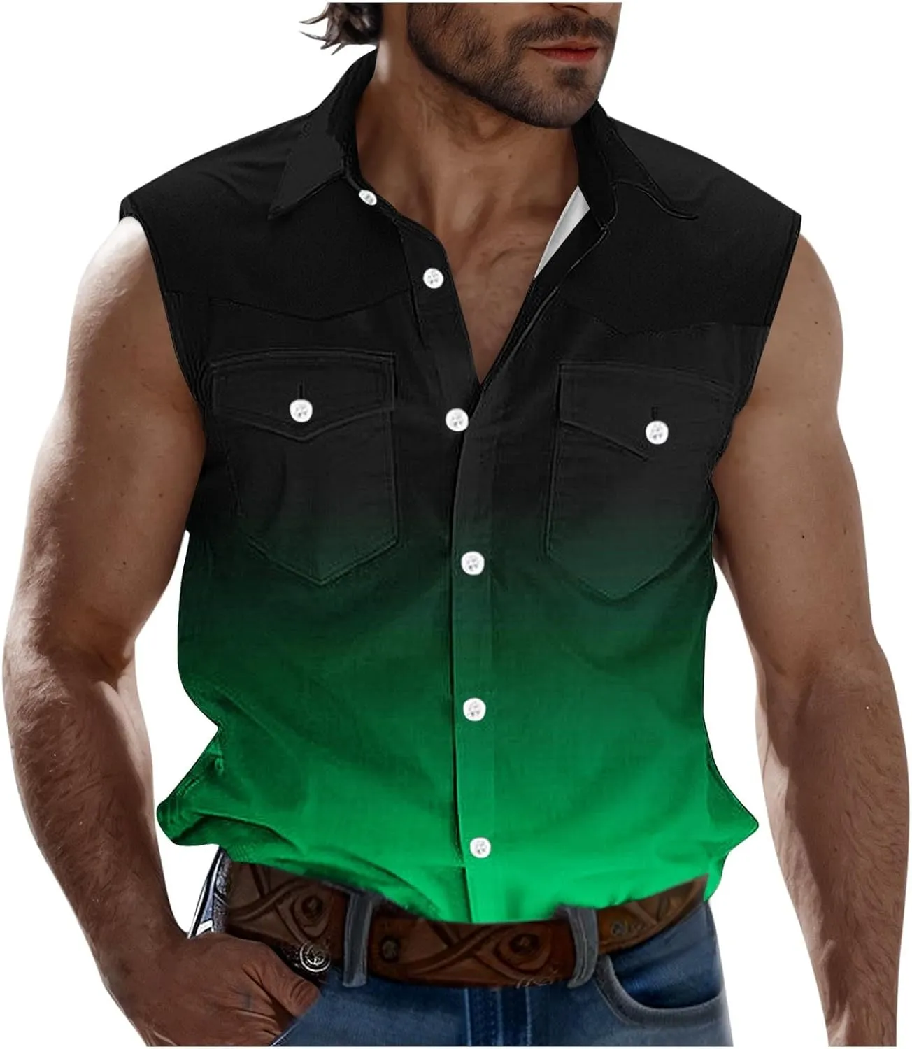 Cambkatl Men's Summer Fashion Gradient Button Down Shirt Sleeveless Casual Lapel Workout Tank Top Beach Shirts