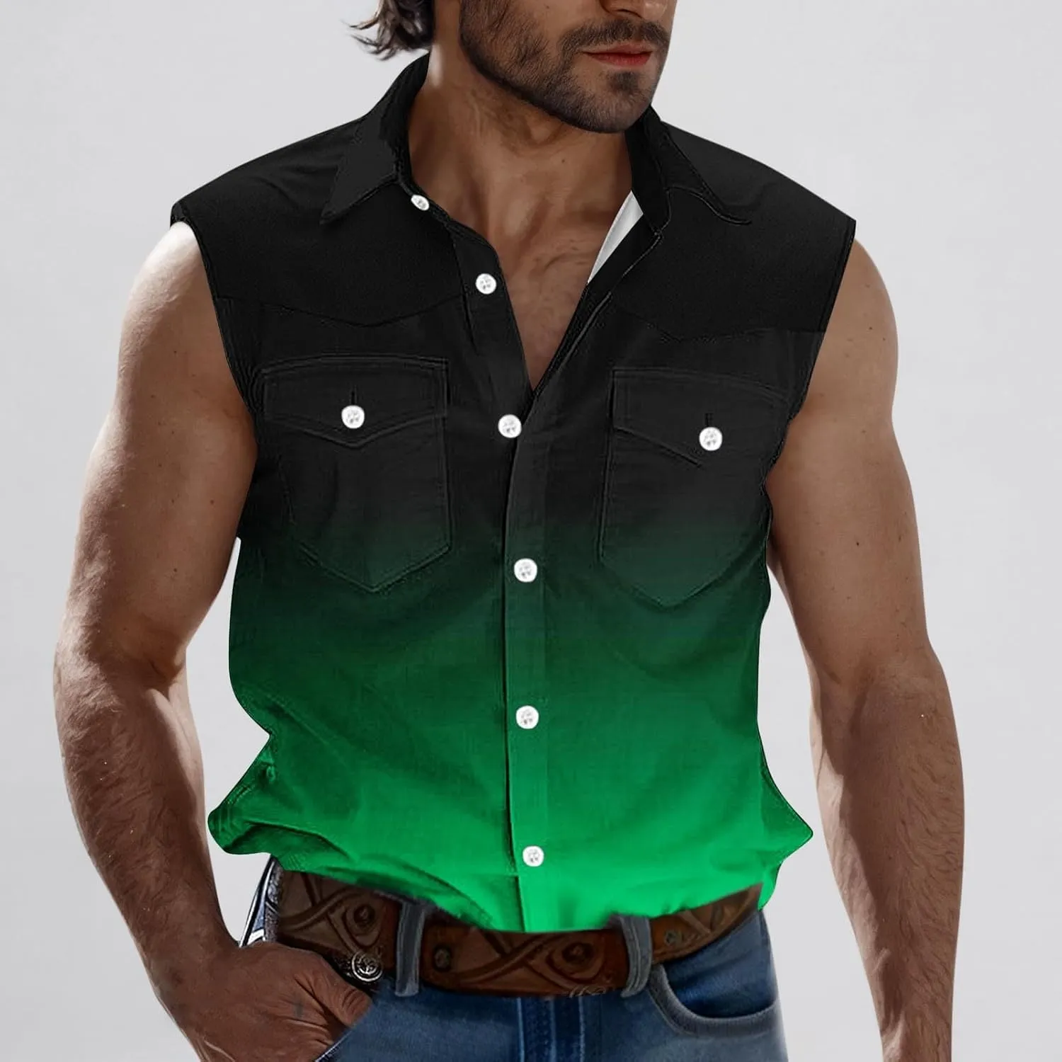 Cambkatl Men's Summer Fashion Gradient Button Down Shirt Sleeveless Casual Lapel Workout Tank Top Beach Shirts
