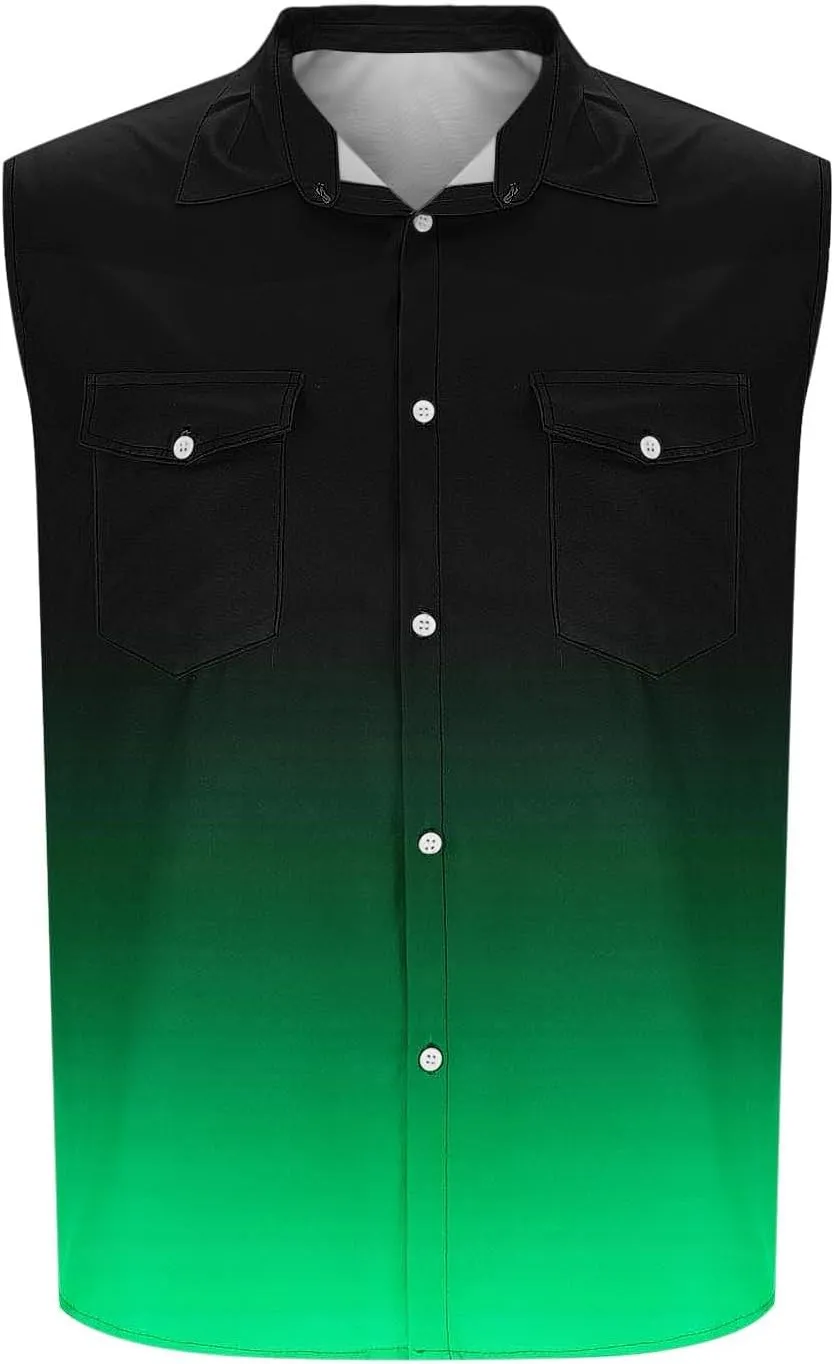 Cambkatl Men's Summer Fashion Gradient Button Down Shirt Sleeveless Casual Lapel Workout Tank Top Beach Shirts