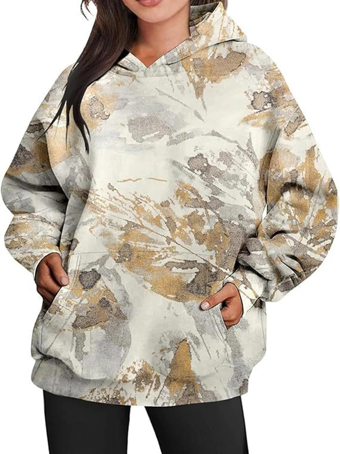Camo Sweatshirt Women Maple Leaf Graphic Printed Hoodies Relaxed Fit Casual Sweatshirts Lightweight Hooded Pullovers