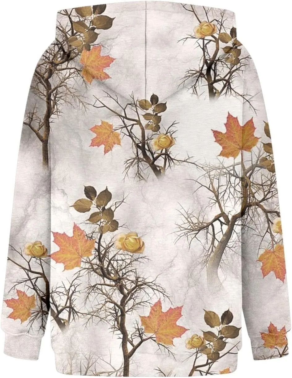 Camo Sweatshirt Women Maple Leaf Graphic Printed Hoodies Relaxed Fit Casual Sweatshirts Lightweight Hooded Pullovers