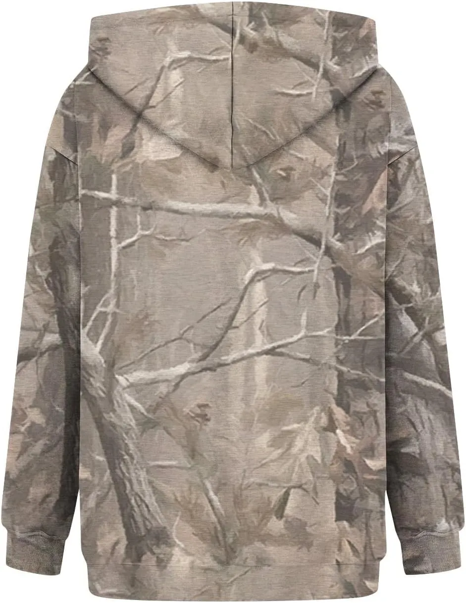 Camo Sweatshirt Women Maple Leaf Graphic Printed Hoodies Relaxed Fit Casual Sweatshirts Lightweight Hooded Pullovers