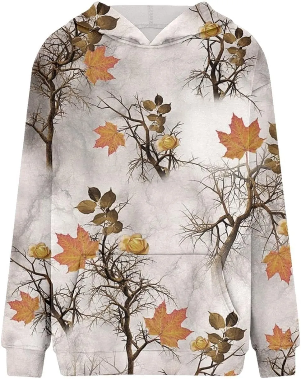 Camo Sweatshirt Women Maple Leaf Graphic Printed Hoodies Relaxed Fit Casual Sweatshirts Lightweight Hooded Pullovers