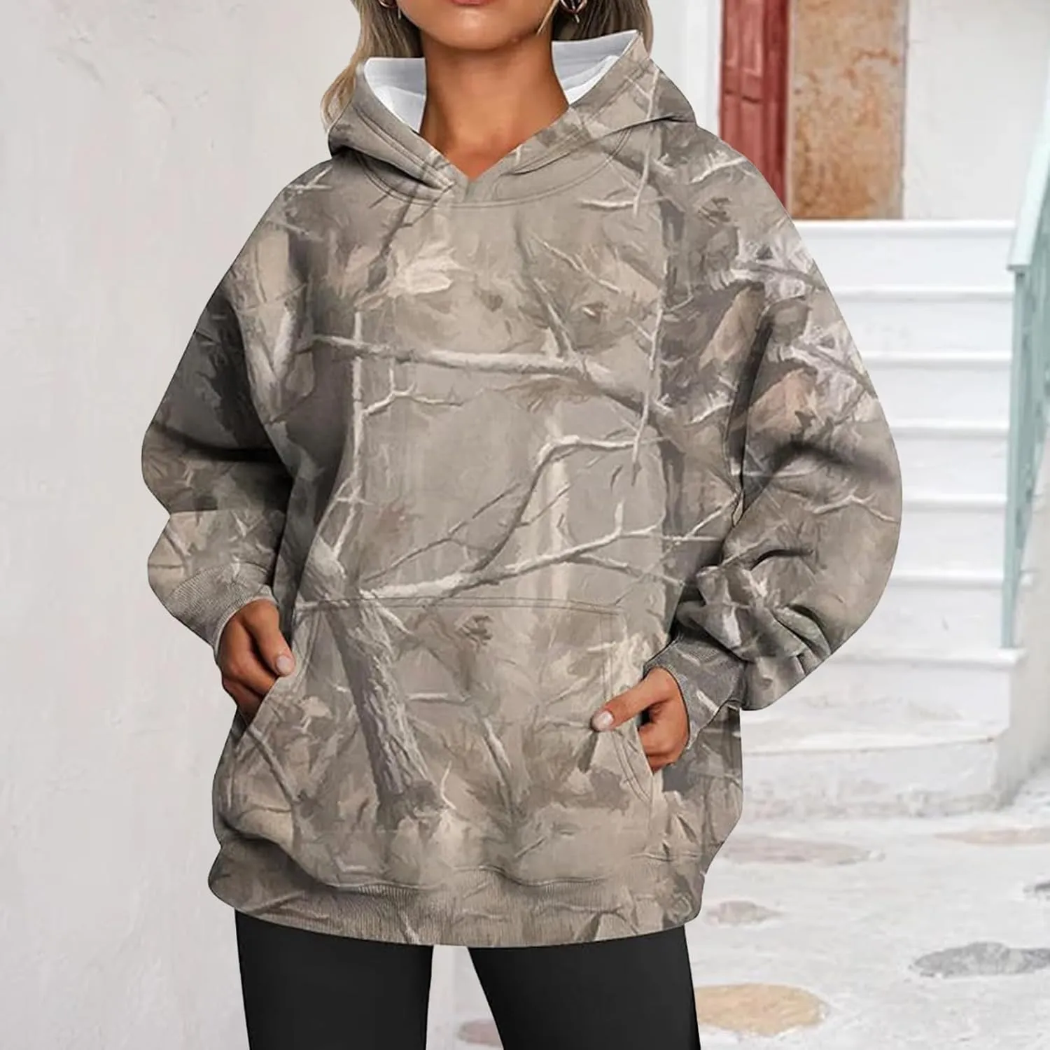 Camo Sweatshirt Women Maple Leaf Graphic Printed Hoodies Relaxed Fit Casual Sweatshirts Lightweight Hooded Pullovers