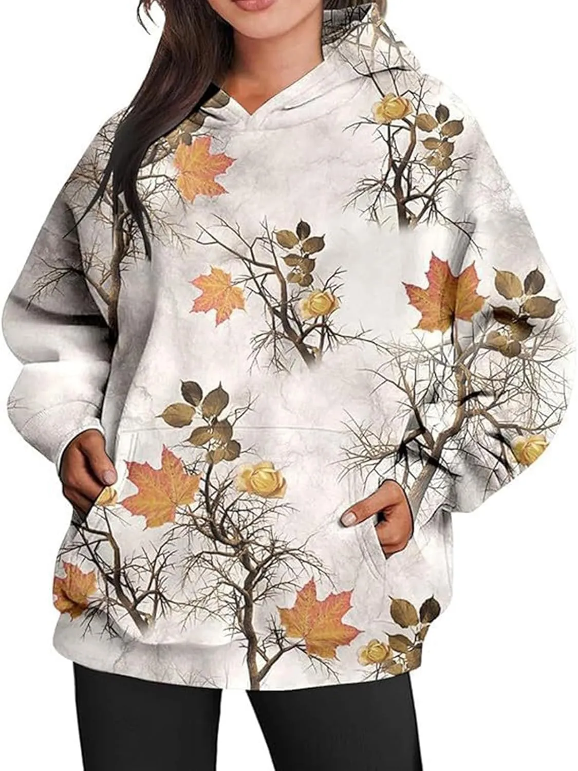 Camo Sweatshirt Women Maple Leaf Graphic Printed Hoodies Relaxed Fit Casual Sweatshirts Lightweight Hooded Pullovers
