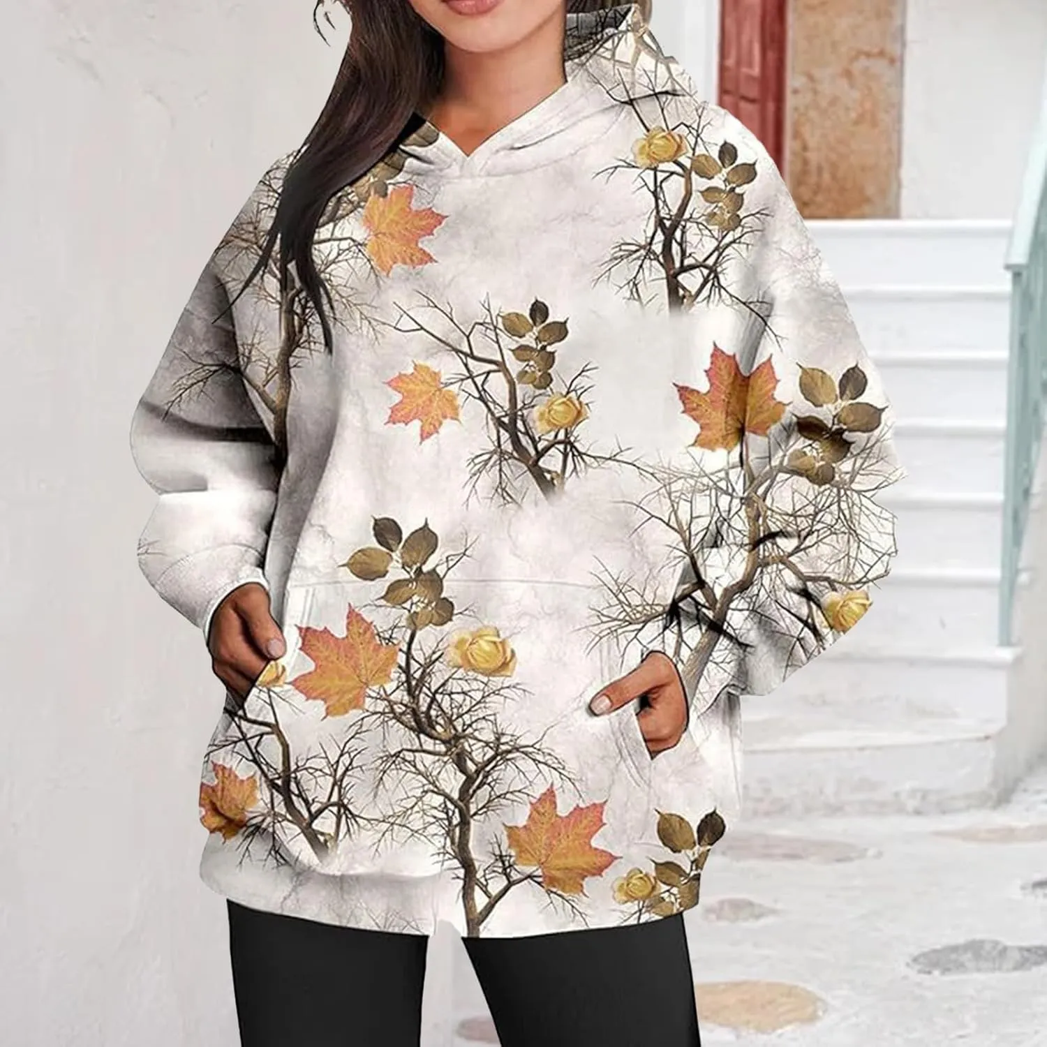 Camo Sweatshirt Women Maple Leaf Graphic Printed Hoodies Relaxed Fit Casual Sweatshirts Lightweight Hooded Pullovers