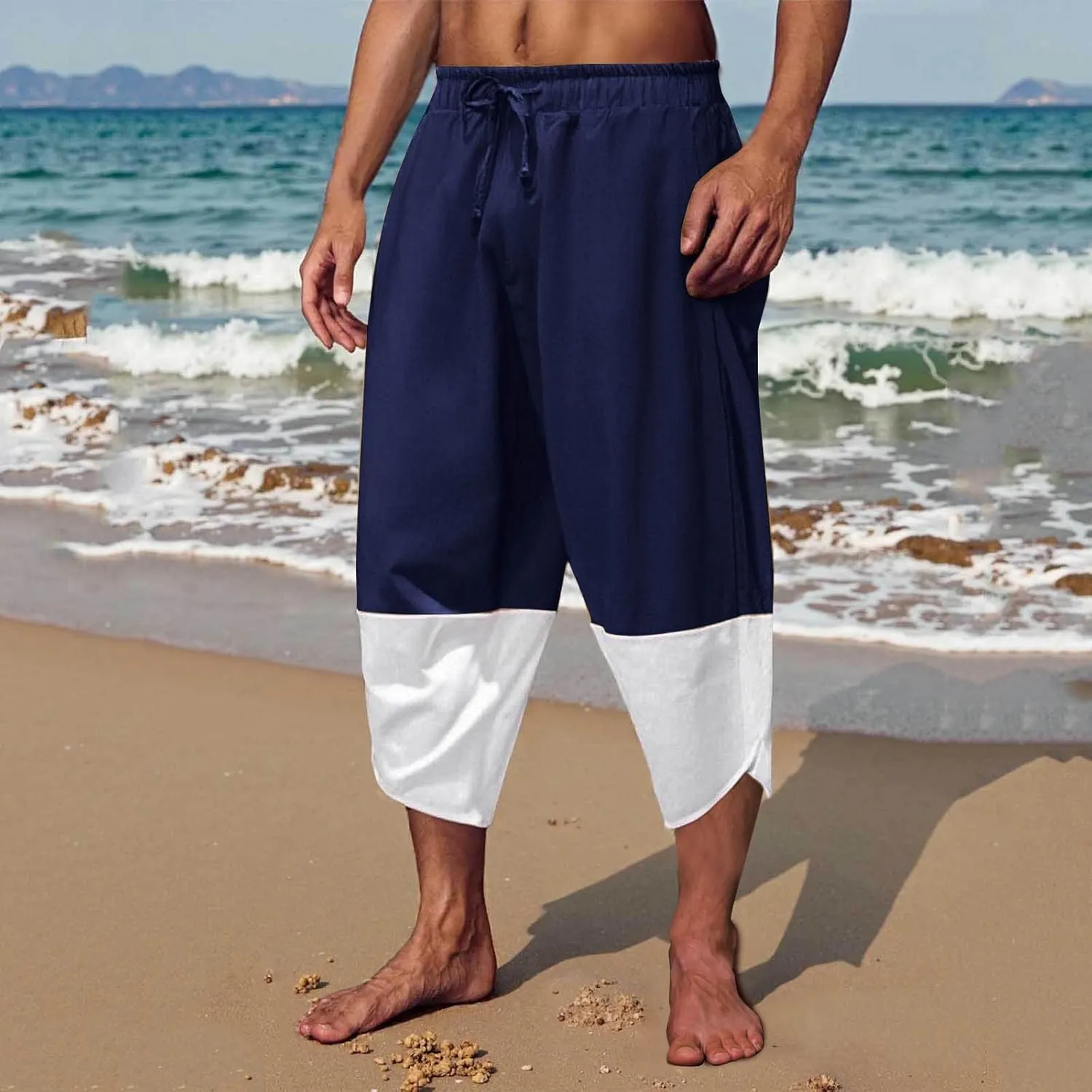 Capri Pants for Men Capri Quick Dry 3/4 Length Pants Drawstring Elastic Waist Casual Beach Boho Yoga Trousers