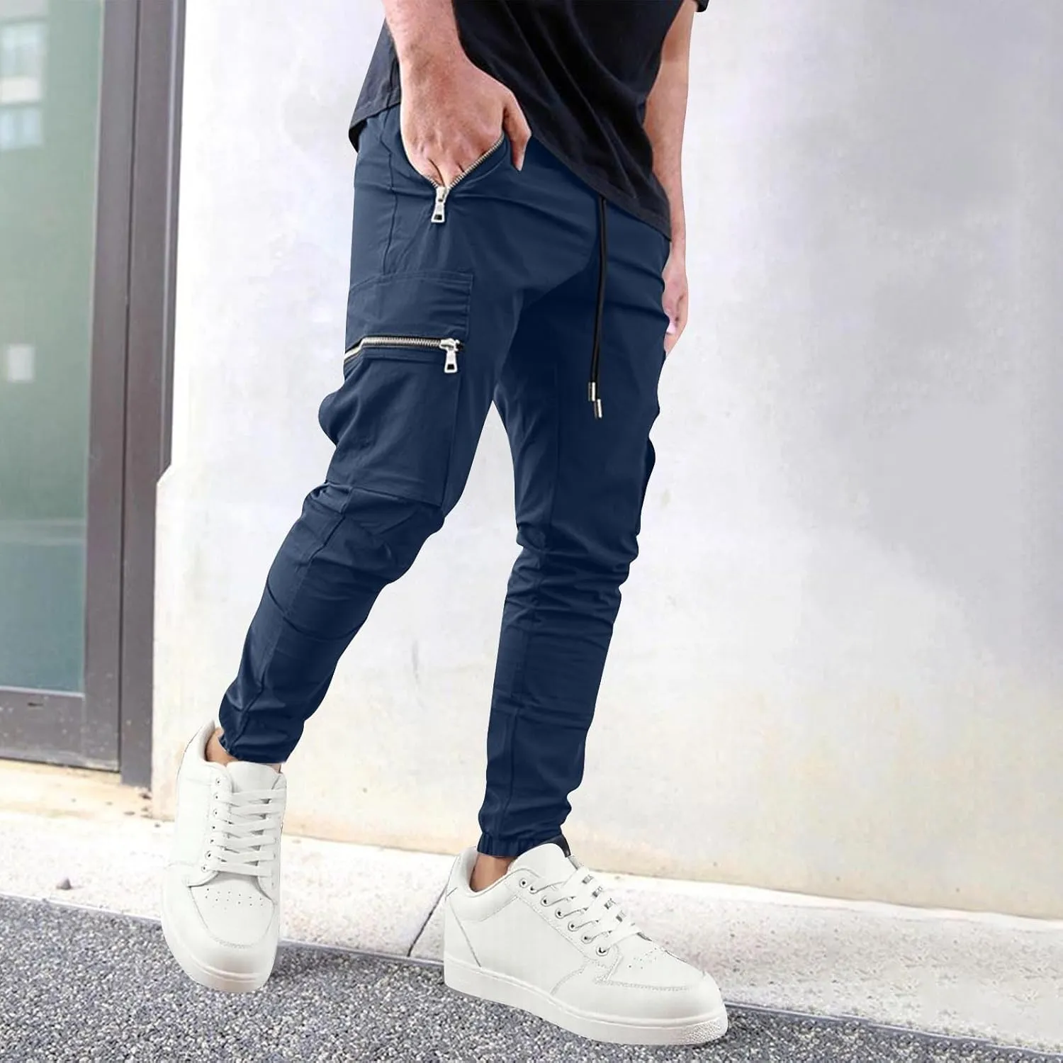 Cargo Pants Men Stretch Elastic Waist Outdoor Tactical Trousers Drawstring Joggers Pants with Zipper Pockets