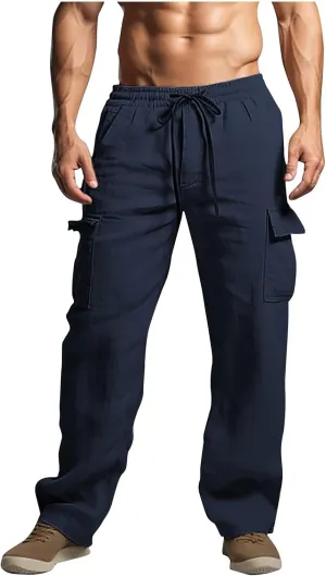 Casual Cargo Pants for Men Elastic Waist Drawstring Workout Gym Pants with Pockets Loose Fit Comfy Sweatpants