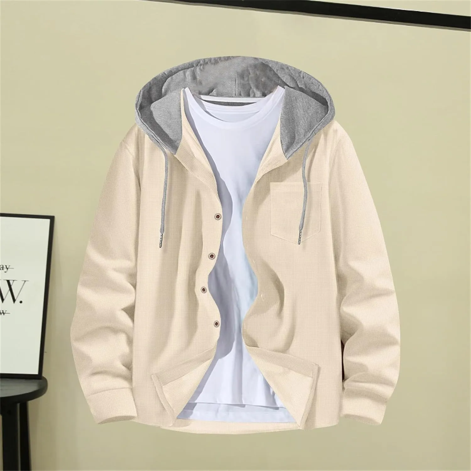 Casual Waffle Hoodies for Men Color Block Long Sleeve Button Down Coats Spring Fall Lightweight Athletic Outwears