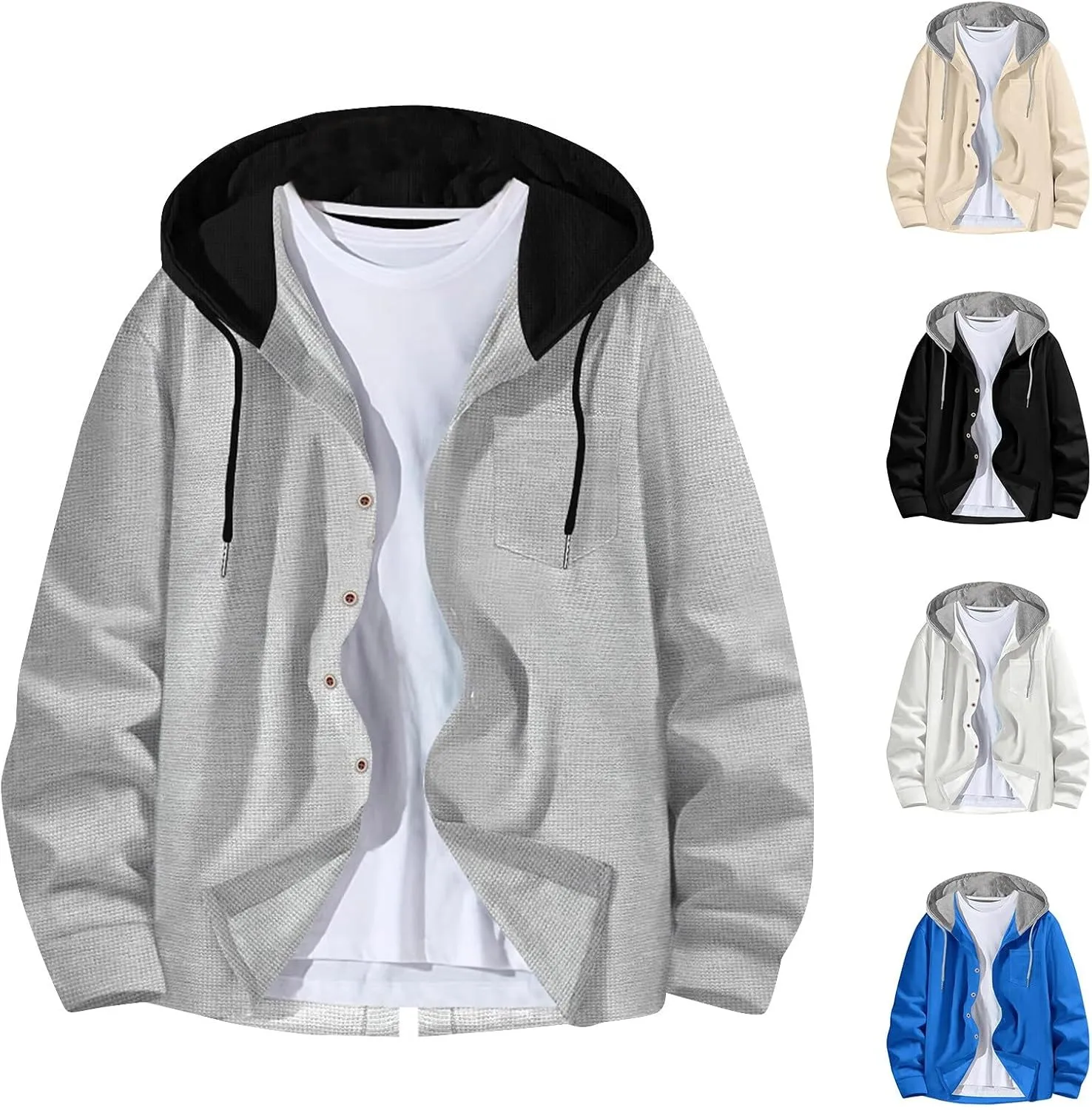 Casual Waffle Hoodies for Men Color Block Long Sleeve Button Down Coats Spring Fall Lightweight Athletic Outwears