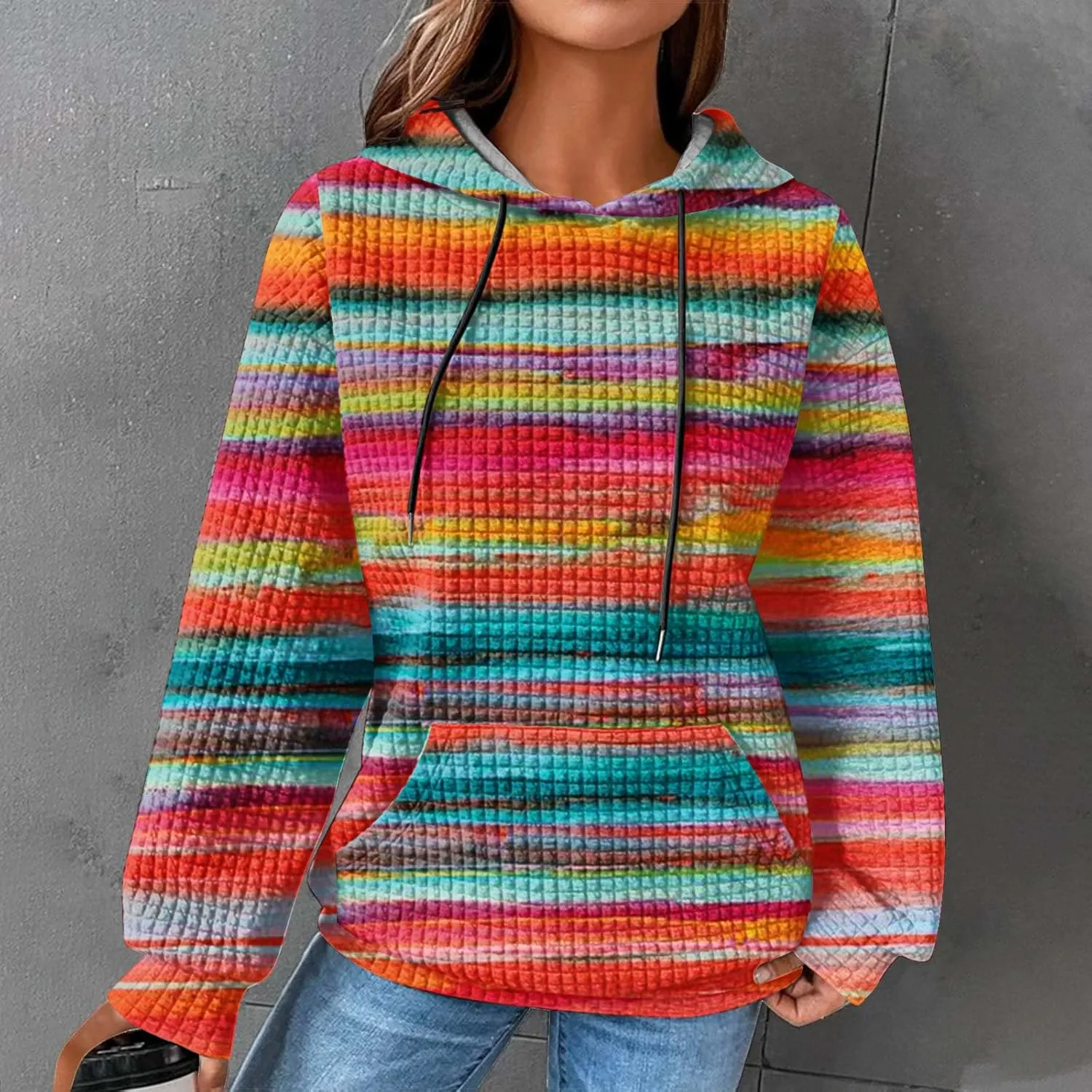 Ceboyel Womens Waffle Knit Hooded Sweatshirts Trendy Hoodies Sweater Long Sleeve Pullover Tops Teen Girls Cute Winter Outfits