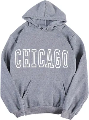 Chicago - Vintage Hoodies for Women Pullover Loose Long Sleeve Hooded Sweatshirt for Fall with Pockets Baggy Letter Print