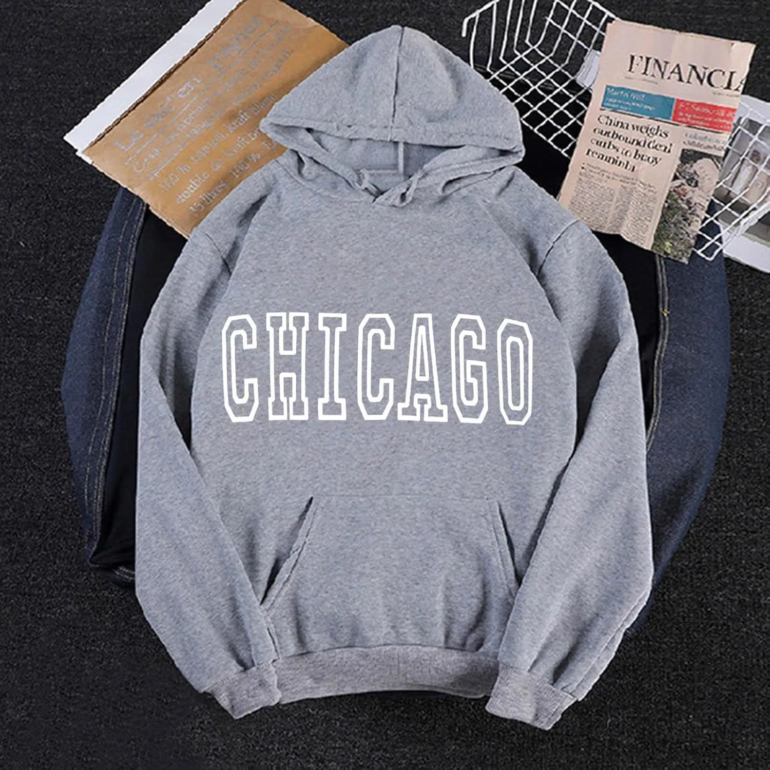 Chicago - Vintage Hoodies for Women Pullover Loose Long Sleeve Hooded Sweatshirt for Fall with Pockets Baggy Letter Print