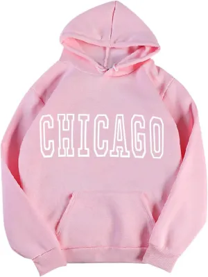 Chicago - Vintage Hoodies for Women Pullover Loose Long Sleeve Hooded Sweatshirt for Fall with Pockets Baggy Letter Print