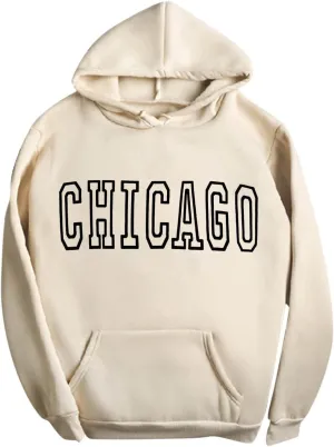 Chicago - Vintage Hoodies for Women Pullover Loose Long Sleeve Hooded Sweatshirt for Fall with Pockets Baggy Letter Print