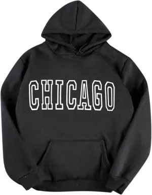 Chicago - Vintage Hoodies for Women Pullover Loose Long Sleeve Hooded Sweatshirt for Fall with Pockets Baggy Letter Print