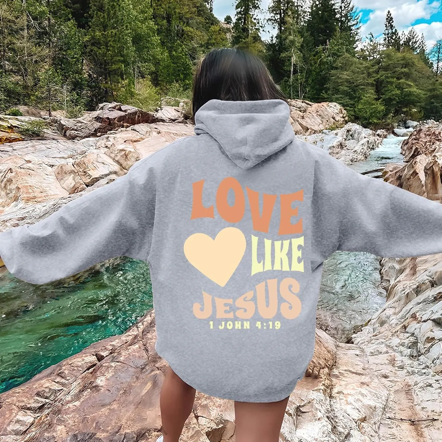 Christian Hoodies for Women Bible Verse Jesus Loves You Letter Graphic Oversized Long Sleeve Pockets Drawstring Sweatshirts
