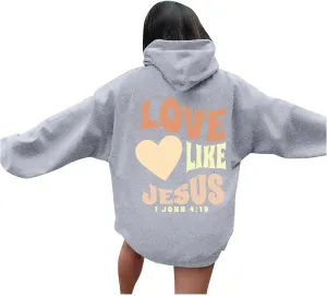 Christian Hoodies for Women Bible Verse Jesus Loves You Letter Graphic Oversized Long Sleeve Pockets Drawstring Sweatshirts