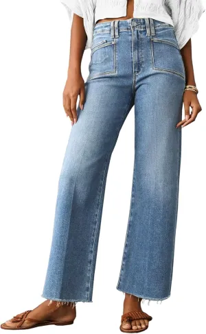 Cicy Bell Womens High Waisted Cropped Jeans Trendy Stretchy Baggy Straight Leg Raw Hem Capri Denim Pants