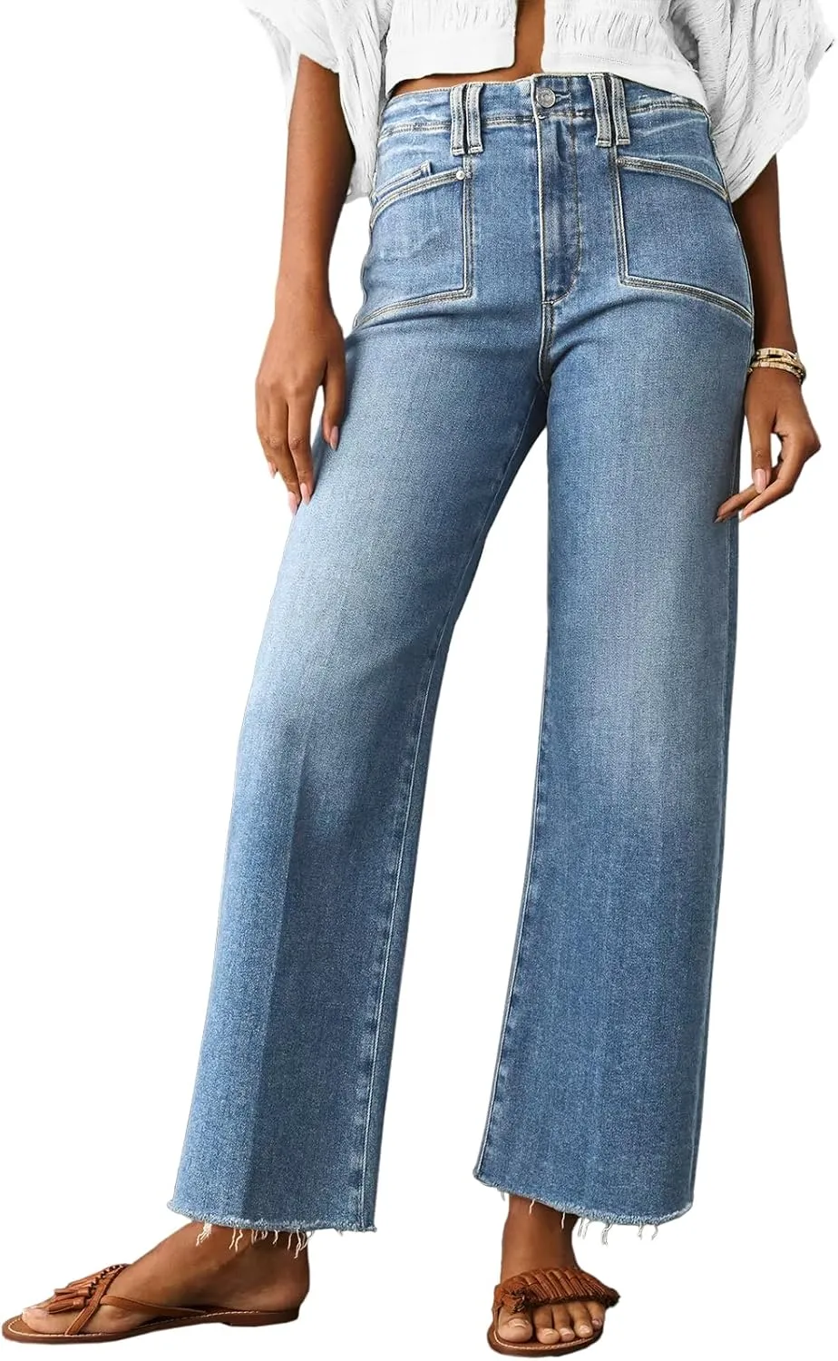 Cicy Bell Womens High Waisted Cropped Jeans Trendy Stretchy Baggy Straight Leg Raw Hem Capri Denim Pants