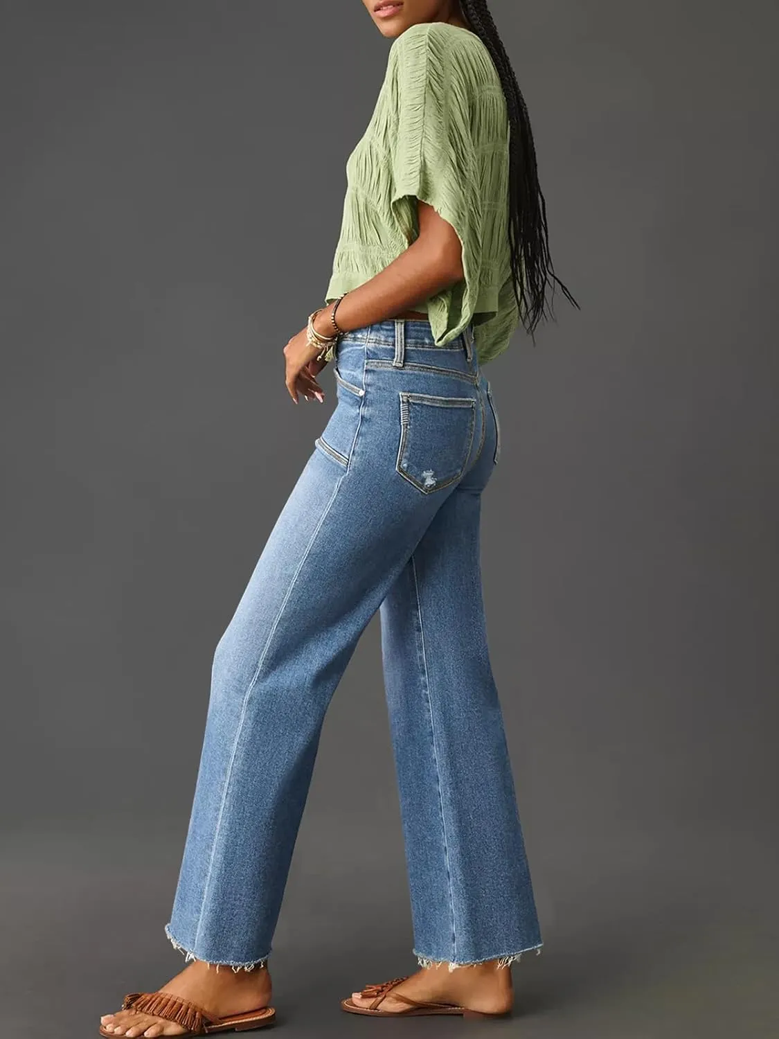 Cicy Bell Womens High Waisted Cropped Jeans Trendy Stretchy Baggy Straight Leg Raw Hem Capri Denim Pants