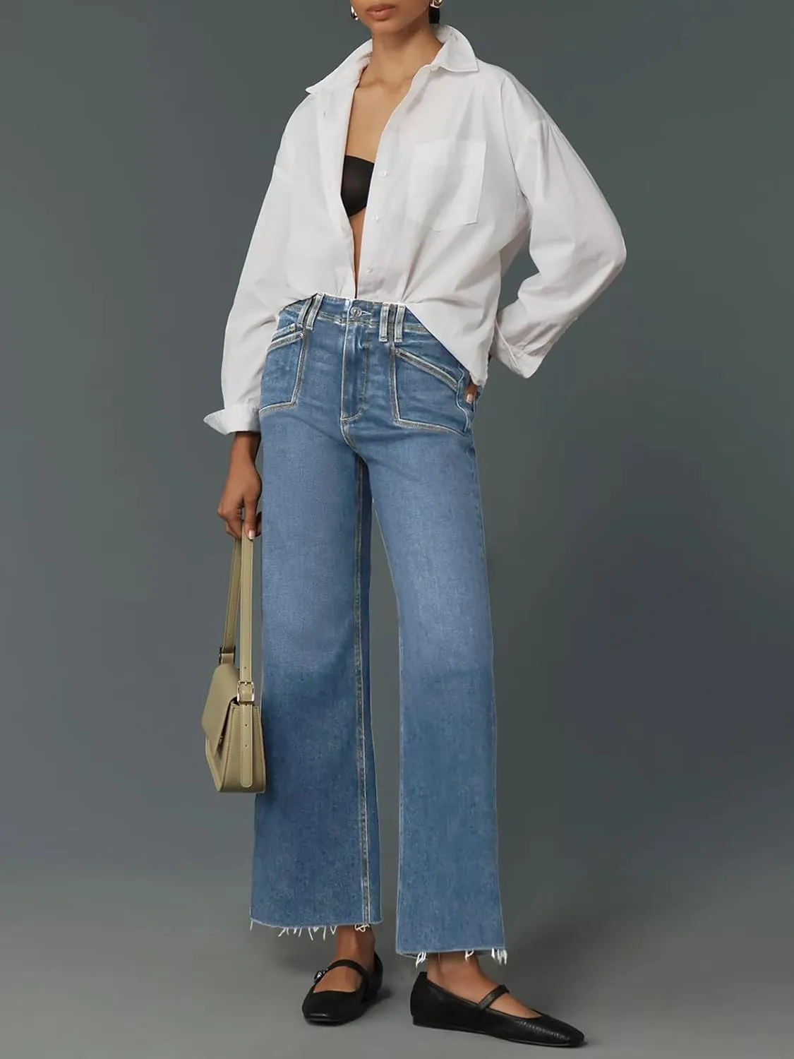 Cicy Bell Womens High Waisted Cropped Jeans Trendy Stretchy Baggy Straight Leg Raw Hem Capri Denim Pants