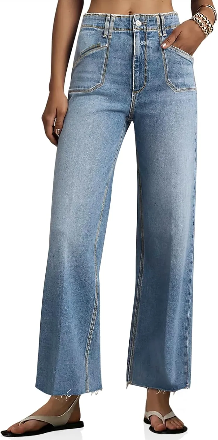 Cicy Bell Womens High Waisted Cropped Jeans Trendy Stretchy Baggy Straight Leg Raw Hem Capri Denim Pants