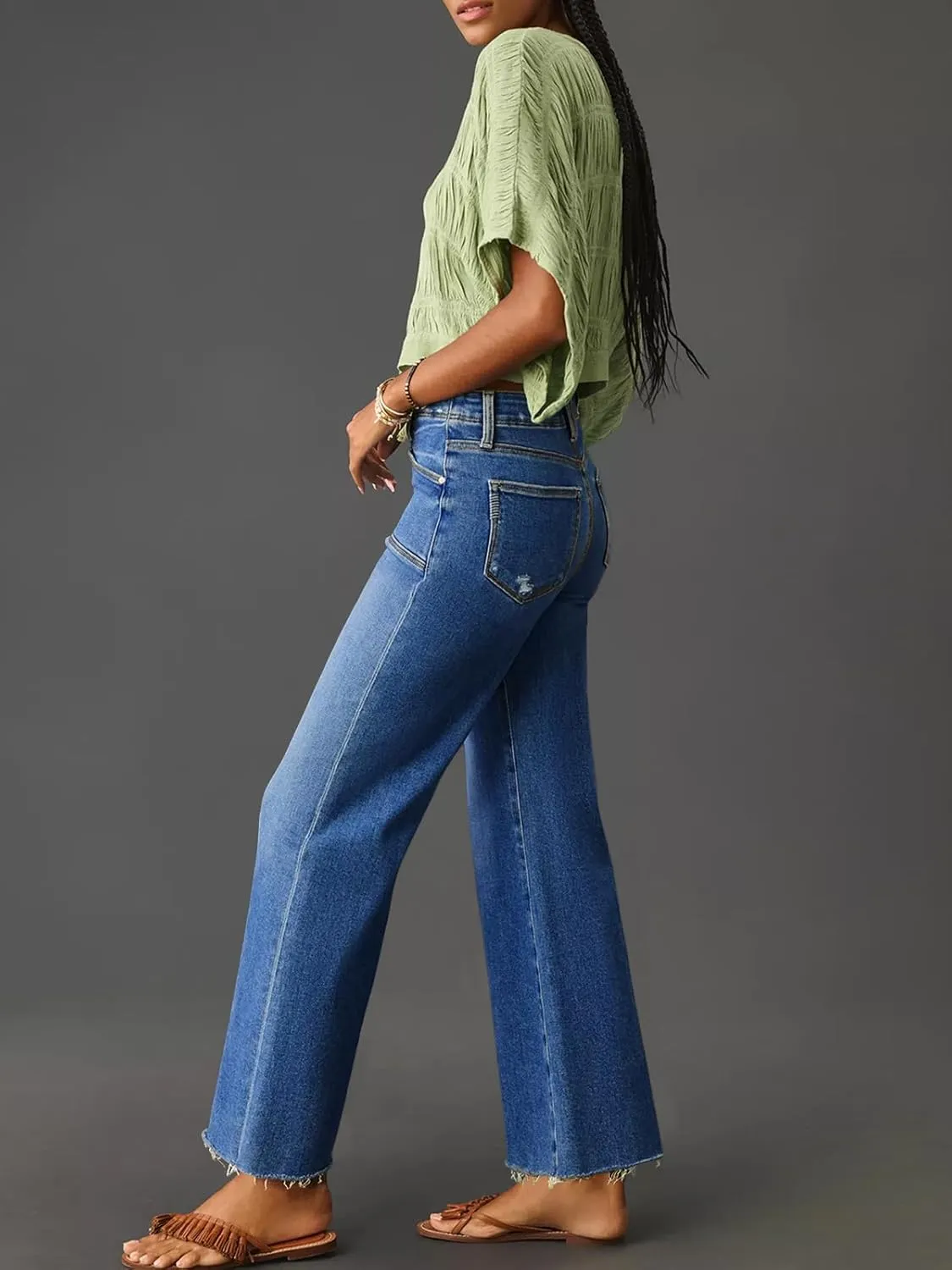 Cicy Bell Womens High Waisted Cropped Jeans Trendy Stretchy Baggy Straight Leg Raw Hem Capri Denim Pants