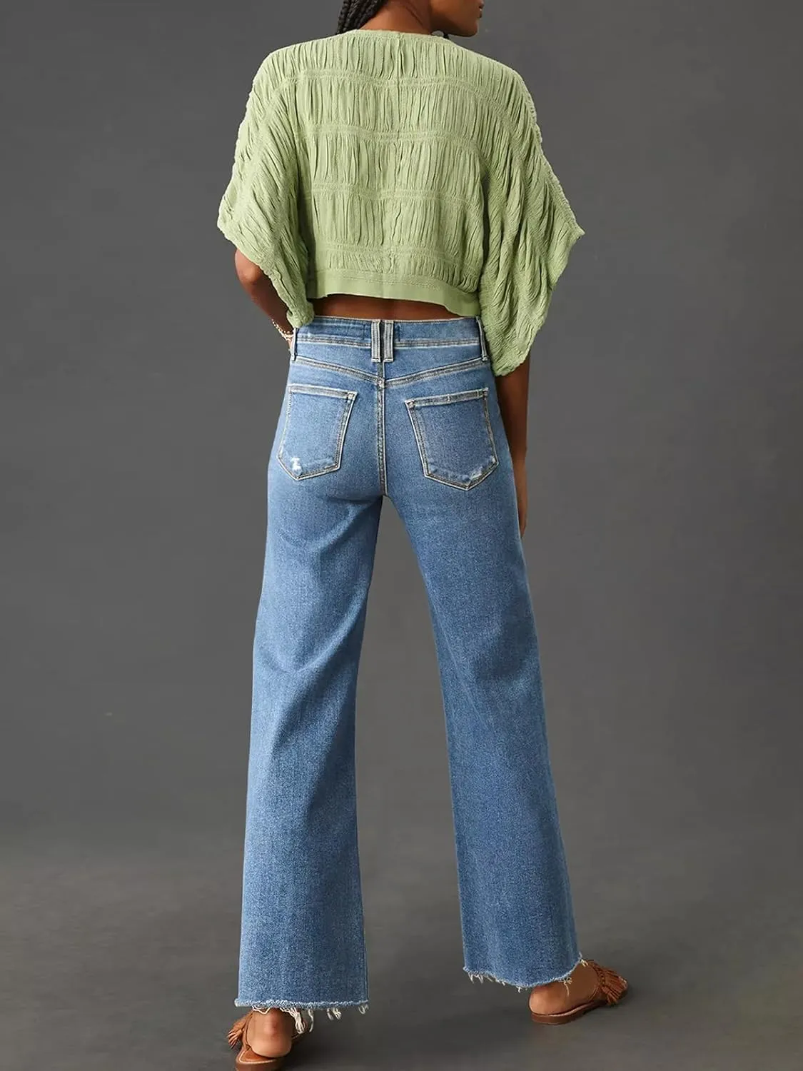 Cicy Bell Womens High Waisted Cropped Jeans Trendy Stretchy Baggy Straight Leg Raw Hem Capri Denim Pants