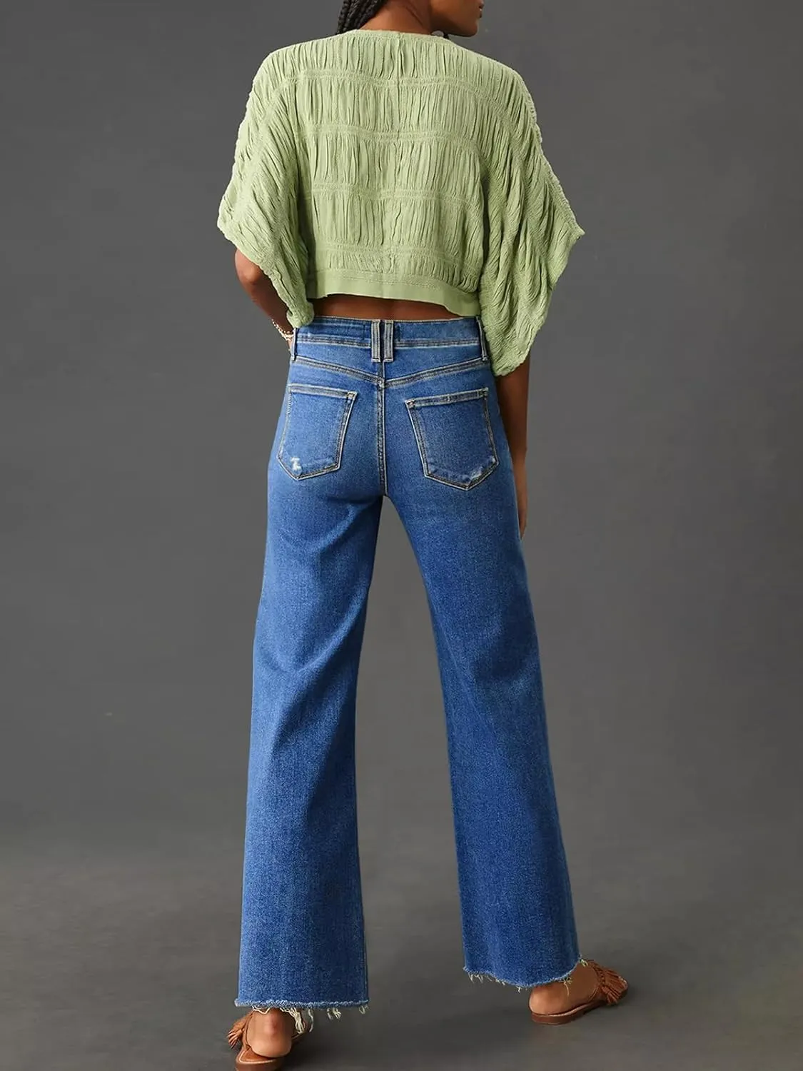 Cicy Bell Womens High Waisted Cropped Jeans Trendy Stretchy Baggy Straight Leg Raw Hem Capri Denim Pants