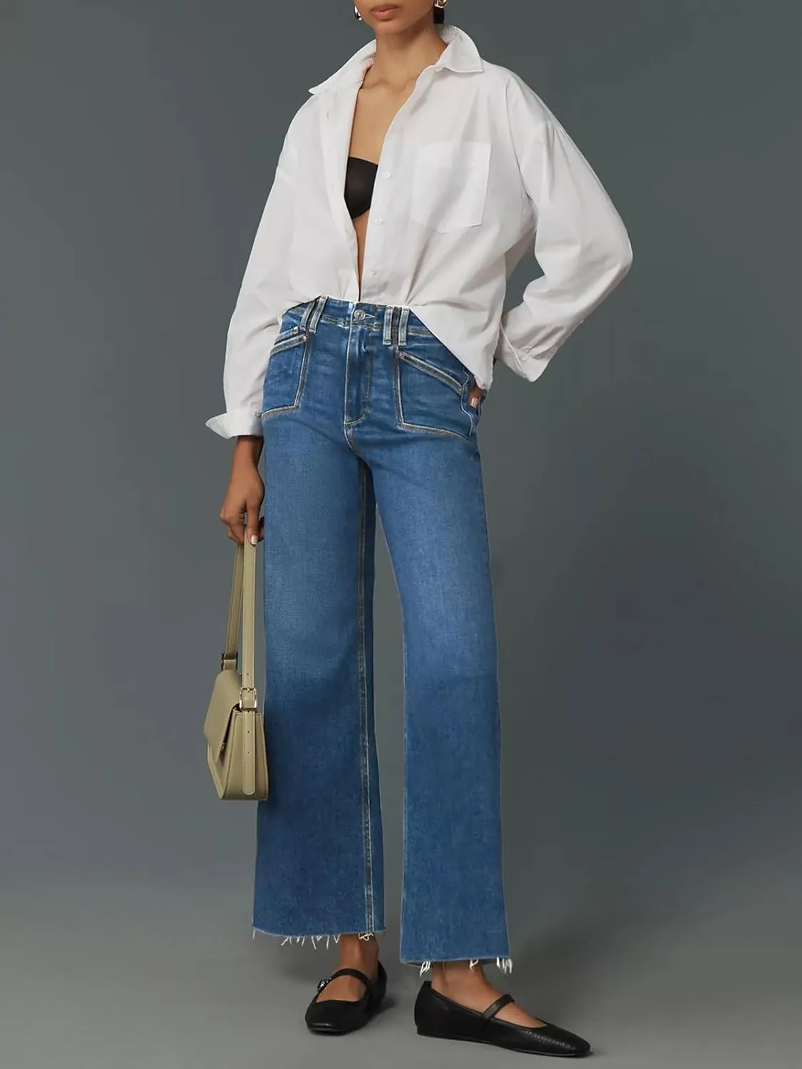 Cicy Bell Womens High Waisted Cropped Jeans Trendy Stretchy Baggy Straight Leg Raw Hem Capri Denim Pants