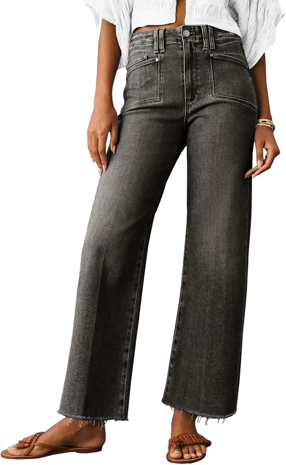 Cicy Bell Womens High Waisted Cropped Jeans Trendy Stretchy Baggy Straight Leg Raw Hem Capri Denim Pants