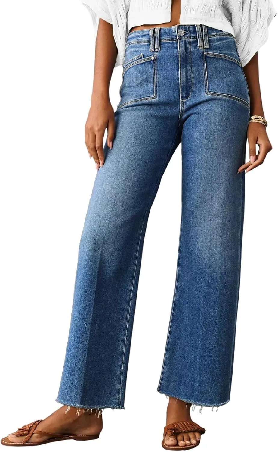 Cicy Bell Womens High Waisted Cropped Jeans Trendy Stretchy Baggy Straight Leg Raw Hem Capri Denim Pants