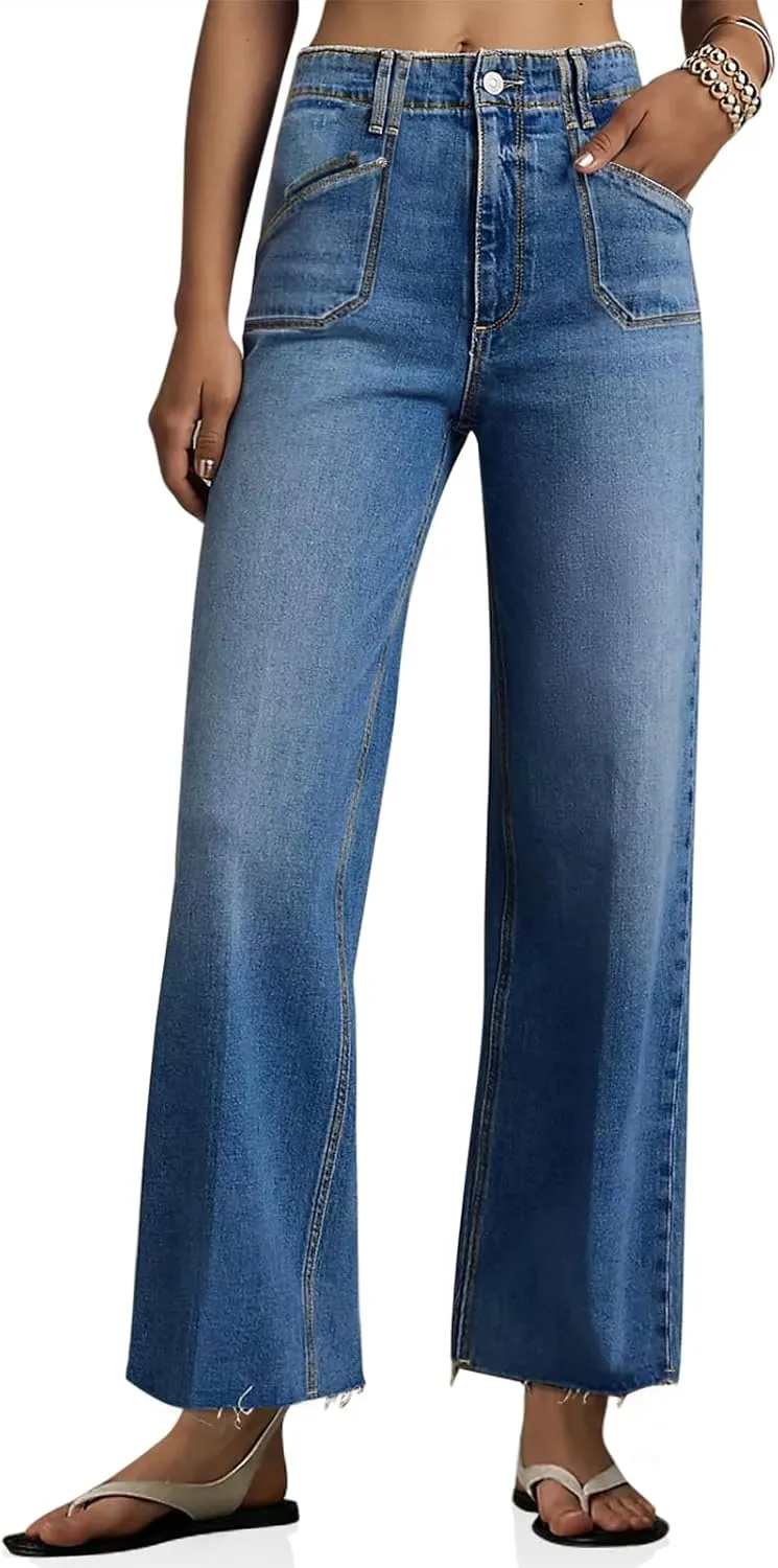 Cicy Bell Womens High Waisted Cropped Jeans Trendy Stretchy Baggy Straight Leg Raw Hem Capri Denim Pants