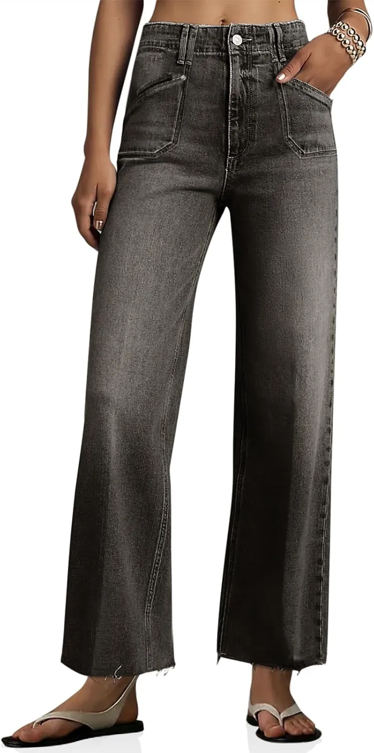 Cicy Bell Womens High Waisted Cropped Jeans Trendy Stretchy Baggy Straight Leg Raw Hem Capri Denim Pants
