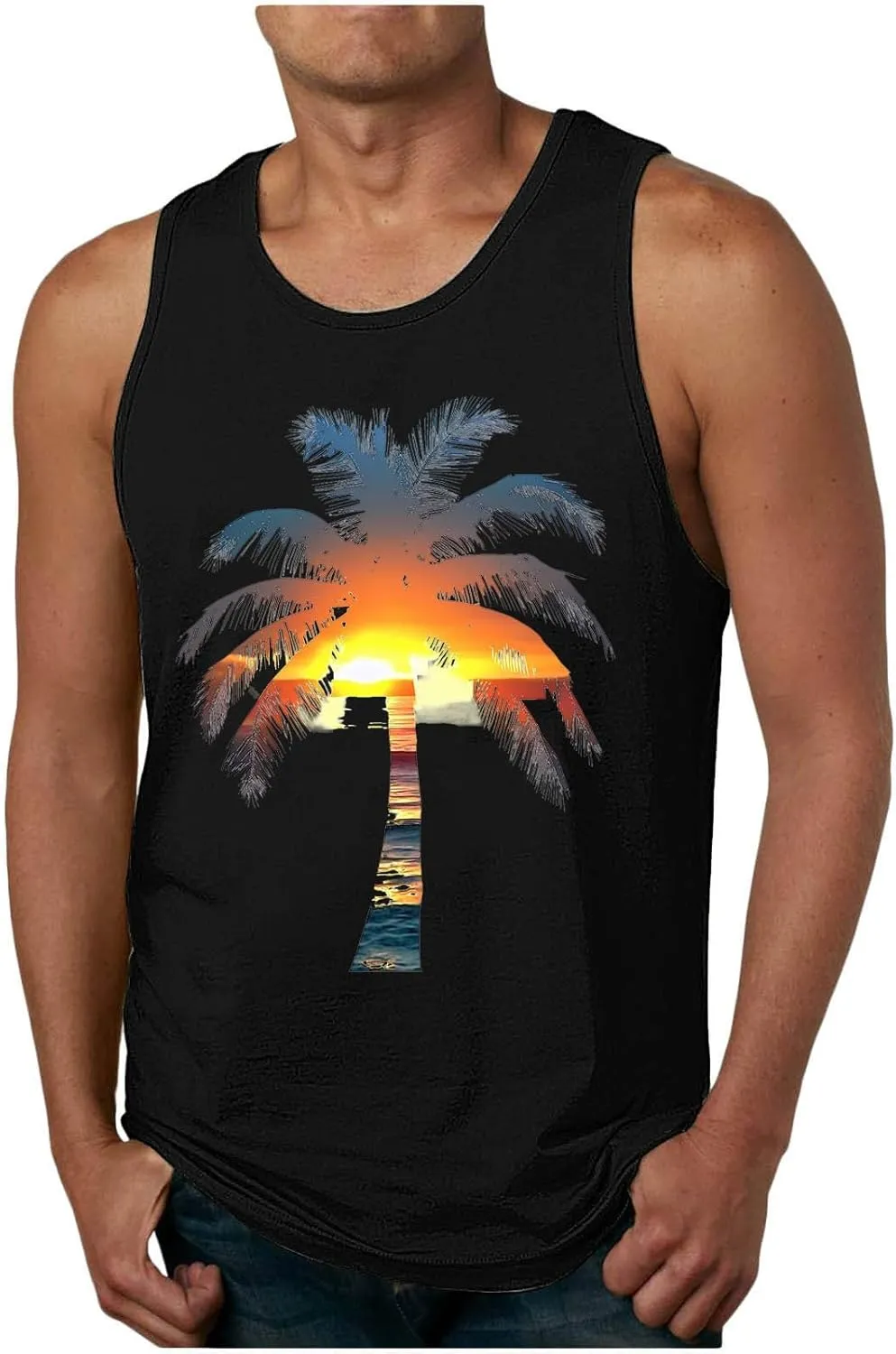 Coconut Tree Print Mens Hawaiian Beach Tank Tops - Casual Summer Sleeveless Crew Neck Gym Workout Muscle Tee Shirts