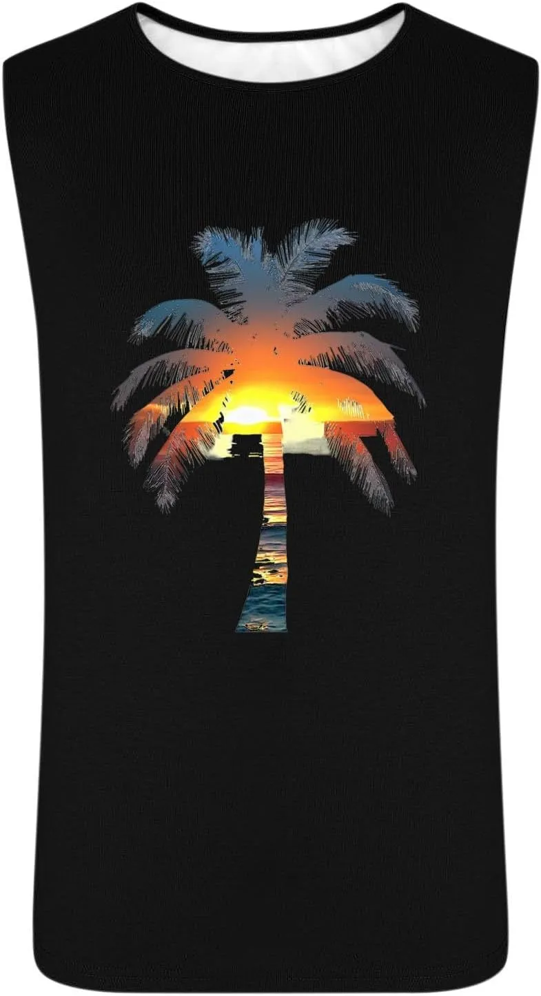 Coconut Tree Print Mens Hawaiian Beach Tank Tops - Casual Summer Sleeveless Crew Neck Gym Workout Muscle Tee Shirts