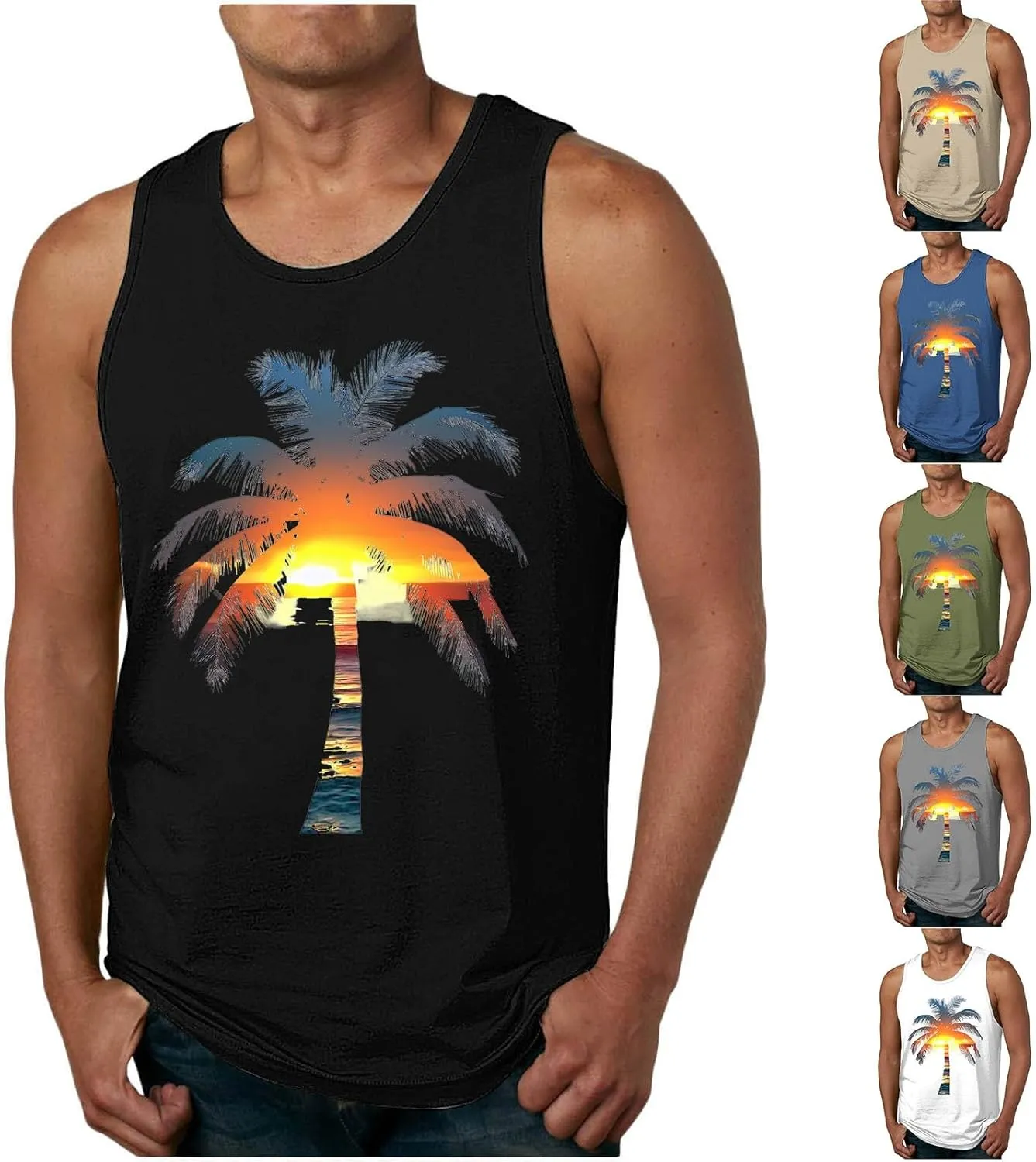 Coconut Tree Print Mens Hawaiian Beach Tank Tops - Casual Summer Sleeveless Crew Neck Gym Workout Muscle Tee Shirts