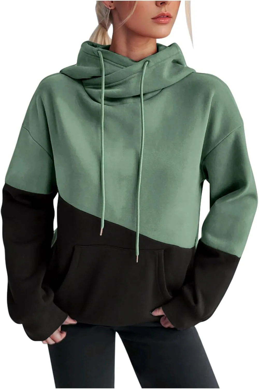 Color Block Hoodie Women Drawstring Sweatshirts with Kangaroo Pocket Y2K Preppy Trendy Casual Loose Hooded Pullovers