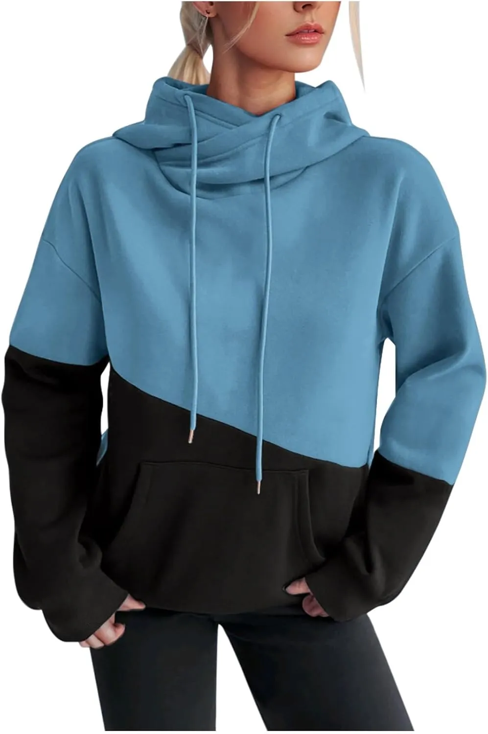 Color Block Hoodie Women Drawstring Sweatshirts with Kangaroo Pocket Y2K Preppy Trendy Casual Loose Hooded Pullovers