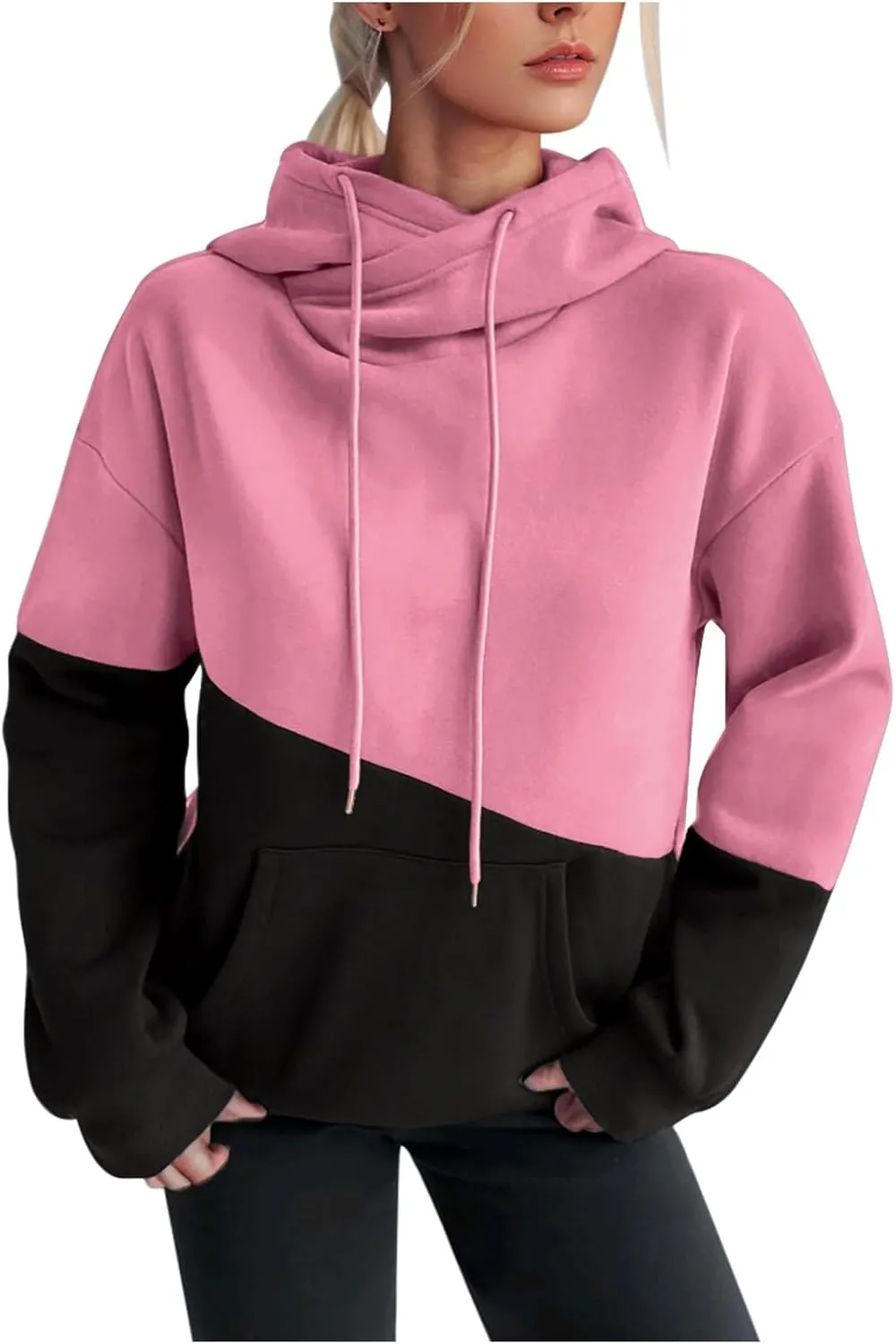Color Block Hoodie Women Drawstring Sweatshirts with Kangaroo Pocket Y2K Preppy Trendy Casual Loose Hooded Pullovers