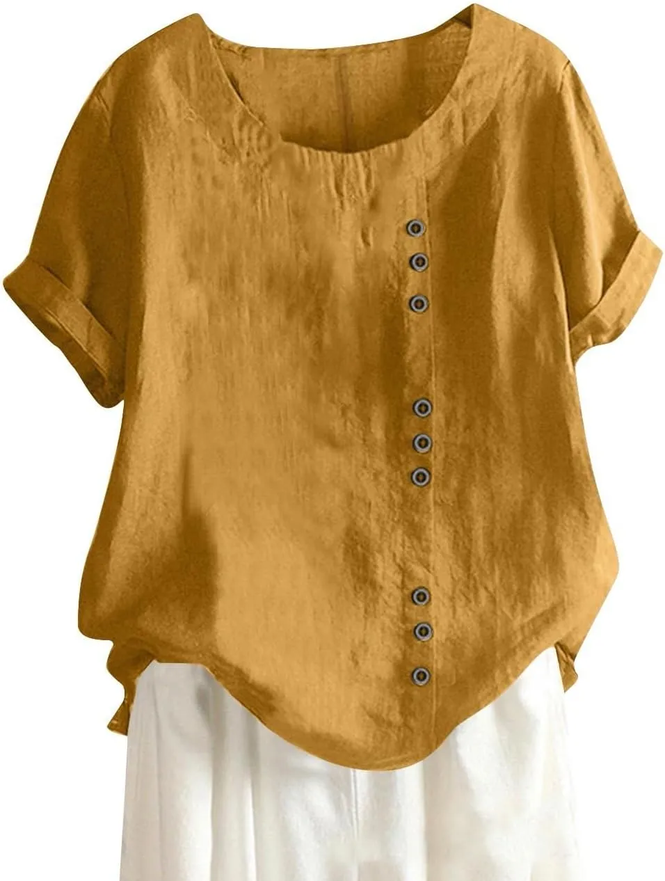 Cotton Linen Tops for Women 2025 Summer Casual Roll Up Short Sleeve T-Shirt Loose Fit Solid Color Tees Blouses