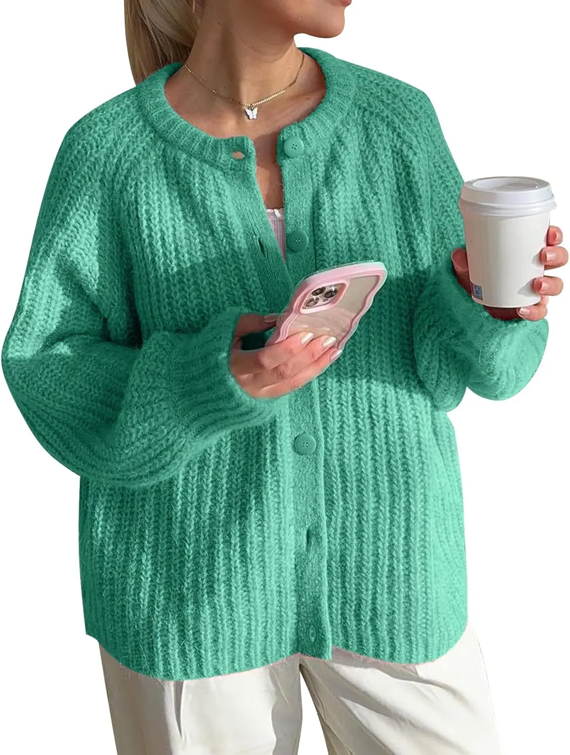 COZYPOIN Women Chunky Cardigan Open Front Sweater Long Sleeve Knitted Cardigan Button Down Outerwear Knitwear